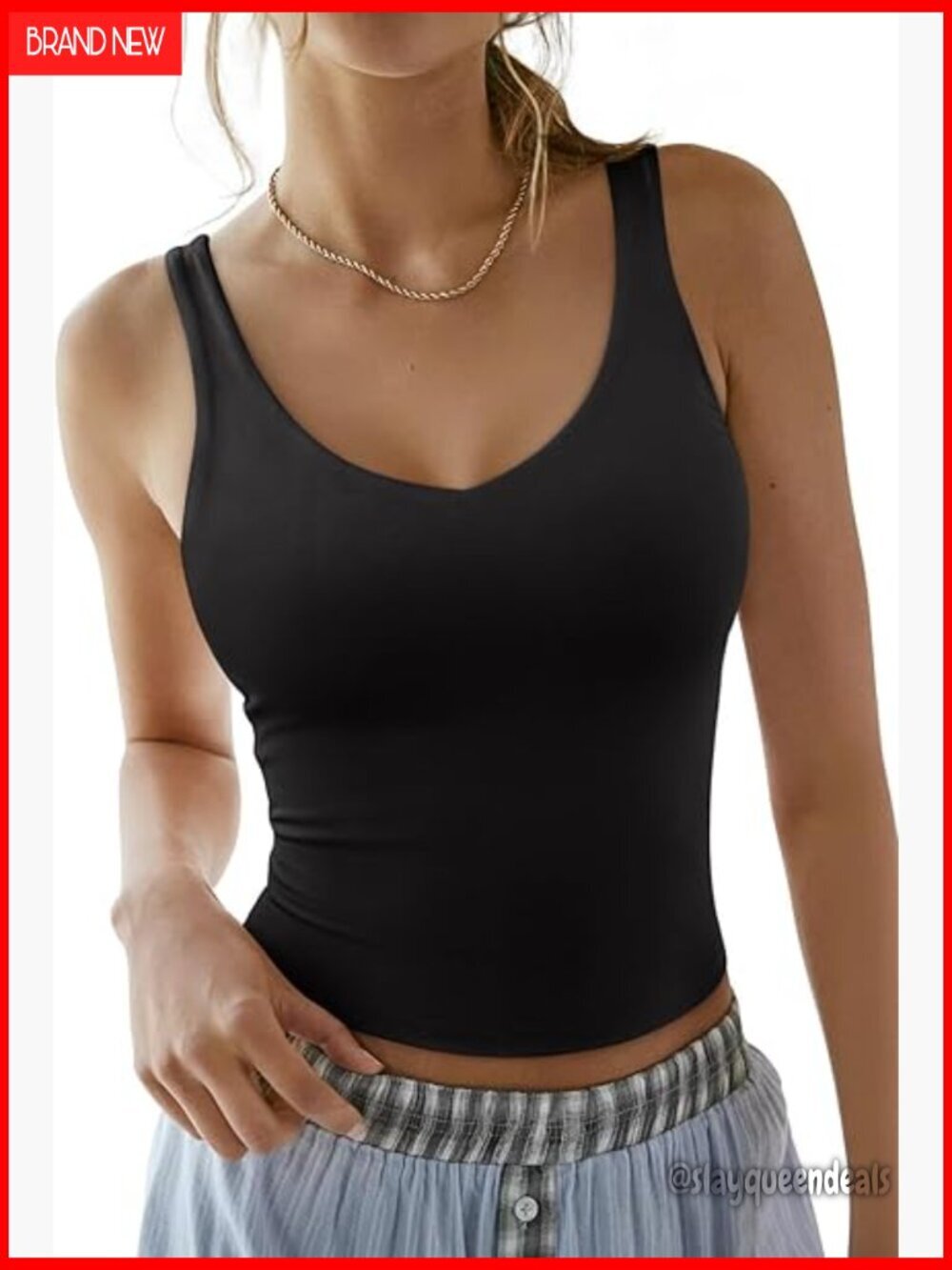 Double Lined V-Neck Tank Top, Fitted, Polyester Spandex Blend, Workout Casual